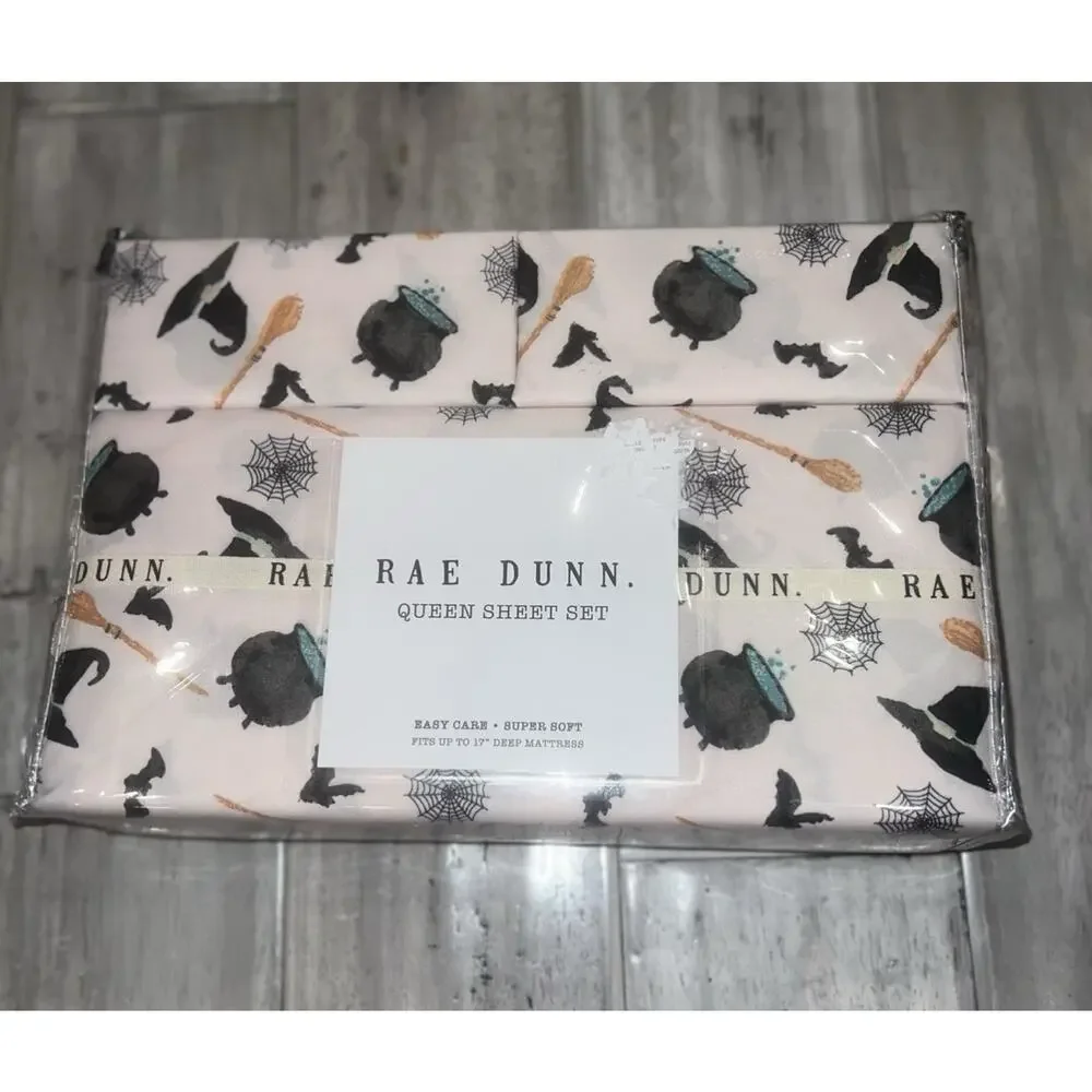 Rae Dun 4 pc QUEEN Pink Halloween Sheet Set Cauldron Wicked Witch Hat Broom NEW